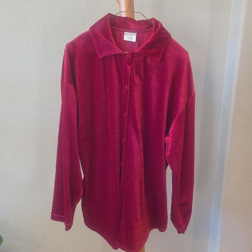 French Laundry, Red Velour Button-Up Shirt, Large
